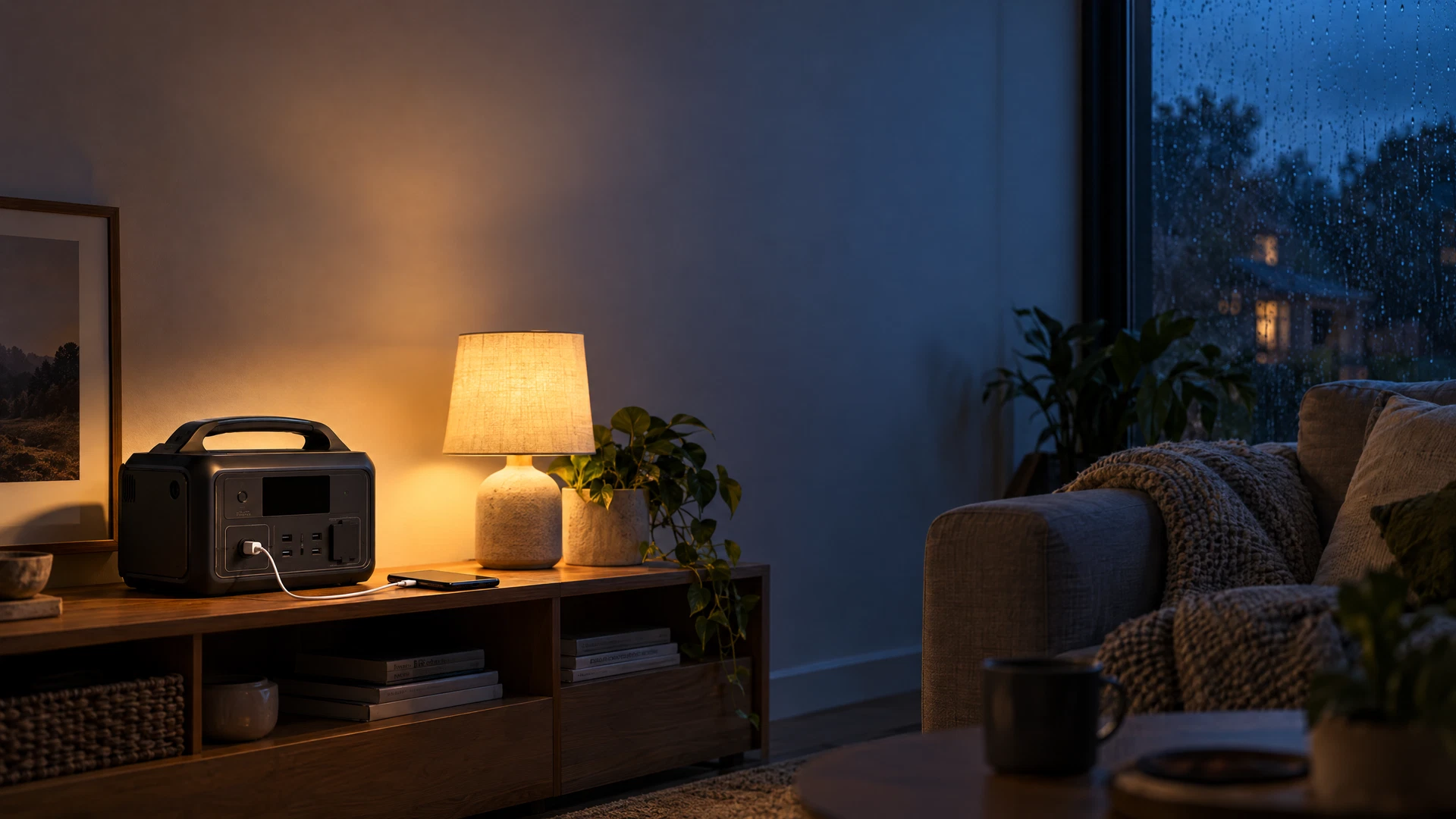 A compact portable power station safely powering a table lamp and phone in a calm living room at dusk.